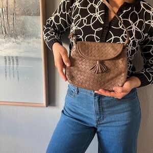 Vintage 1970s Neuseters Woven Leather Crossbody Bag Brown Basketweave Tassel USA